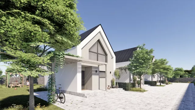 kompleks zabudowy jednorodzinnej - widok na wejście z bielonym drewnem